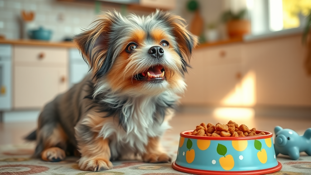 happy small dog, joyful expression, eating friskies poultry adult food, 2d cartoon, cozy home environment, vivid detailing, lively elements, colorful tones, natural light, shot with a 35mm lens.