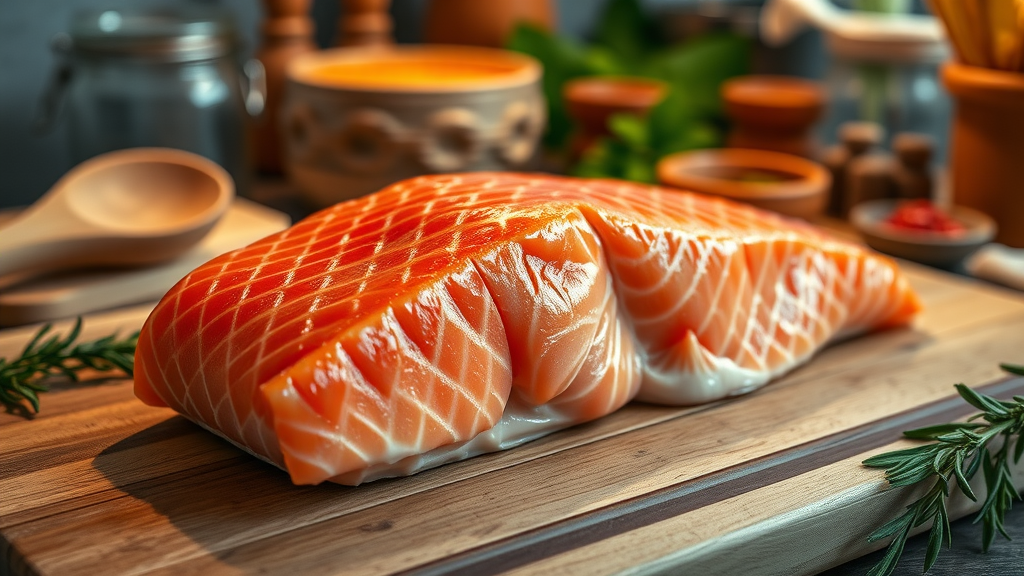 fresh salmon, rich colors, placed on a wooden board, cinematic, kitchen backdrop with cooking paraphernalia, highly detailed scales and textures, vivid oranges and pinks, warm spotlight, shot with a 35mm lens