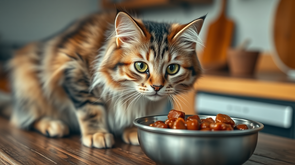 curious cat with an inquisitive expression, examining a bowl of wet cat food