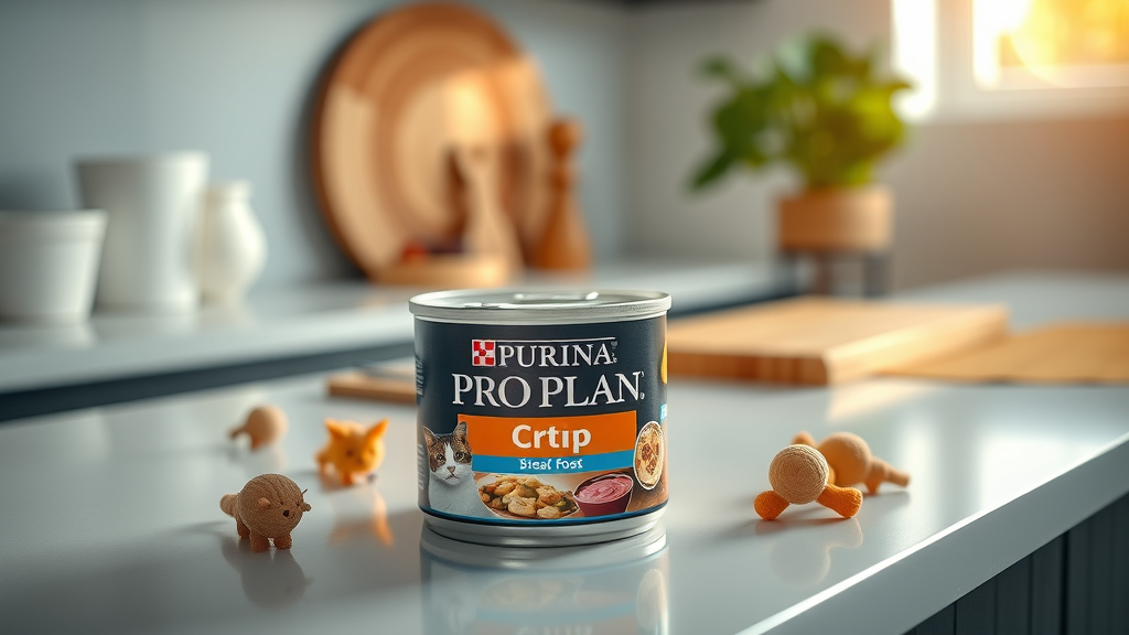purina pro plan wet cat food can on countertop