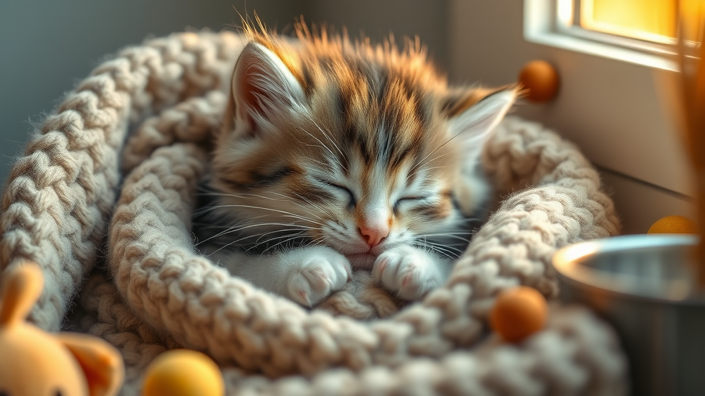 content kitten curled up after a meal, in a cozy setting.