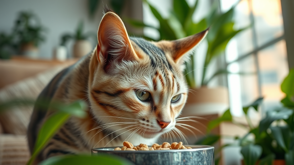 thoughtful domestic cat, curious expression, sniffing a bowl of food, photorealistic high fidelity lifelike, cozy living room with houseplants, highly detailed fur patterns, soft pastels, natural window light, shot with a macro lens