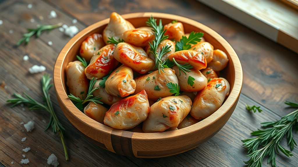 succulent chicken pieces, fragrant herbs, being mixed in a bowl, photorealistic high fidelity lifelike, rustic kitchen table, highly detailed textures, earthy tones, soft ambient light, shot with a 85mm lens