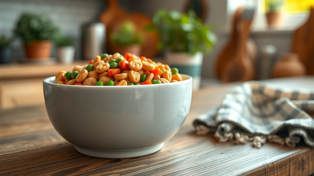 grain-free cat food displayed on a kitchen table