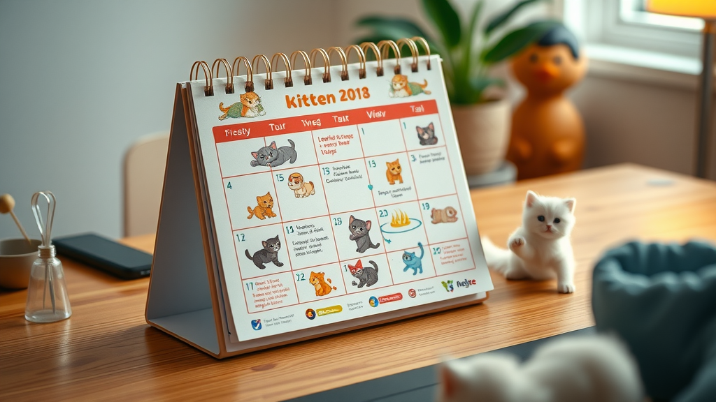 calendar with feeding schedules, organized, with illustrations of kittens, 2d cartoon, on a desk, highly detailed, informative elements, vivid colors, bright lighting, shot from above with a 35mm lens.