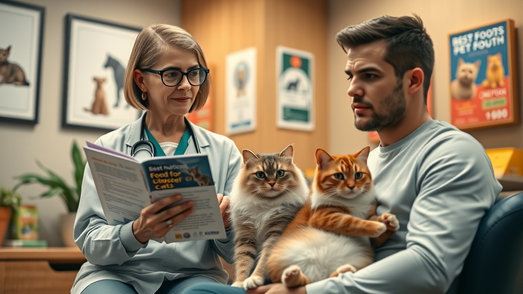 vet consulting with cat owner about pet nutrition
