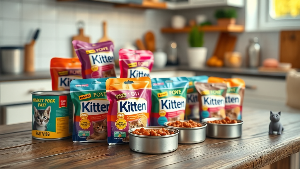 variety of kitten wet foods on a table