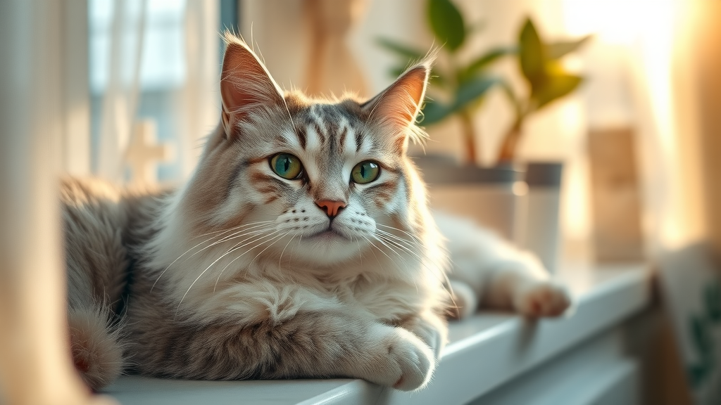 satisfied senior cat, reposing contentedly, looking healthy and vibrant