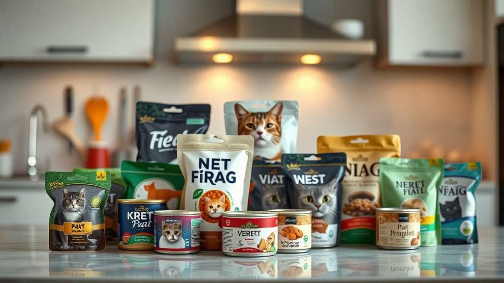 variety of top brands wet cat food, displayed elegantly, emphasis on packaging, cinematic, modern kitchen backdrop, highly detailed, crisp colors, ambient lighting, shot with a tilt-shift lens.