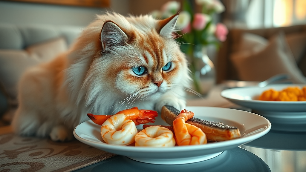luxurious cat enjoying wet seafood meal