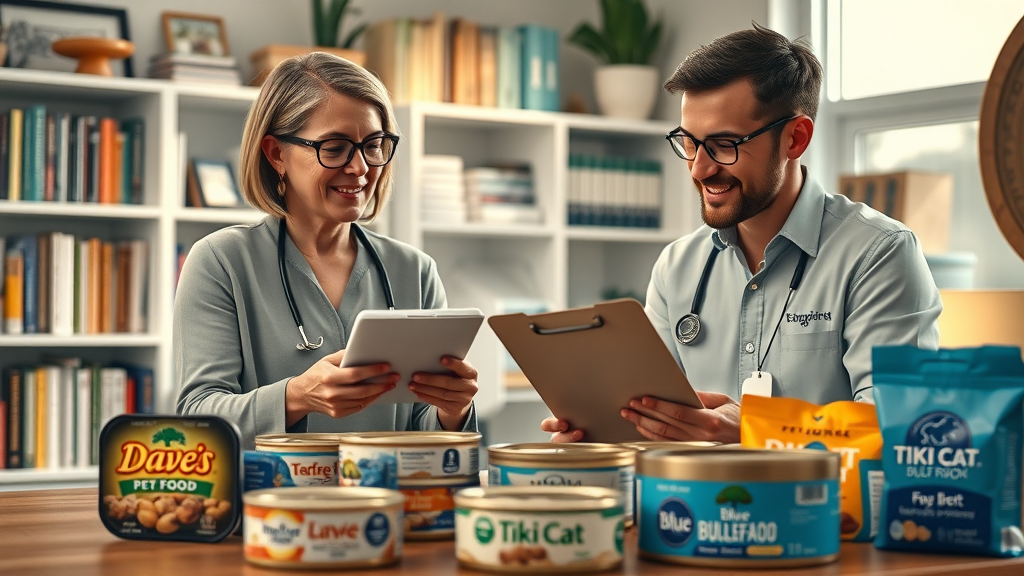 pet nutrition experts in discussion, analyzing wet cat and dog food options.
