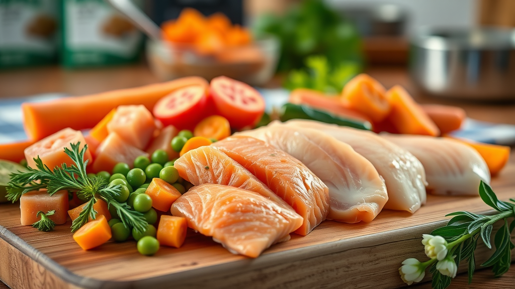 variety of fresh cat-safe ingredients such as salmon, chicken, and vegetables