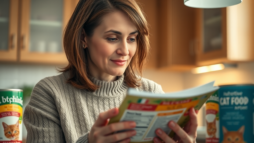 woman reading labels on cat food cans