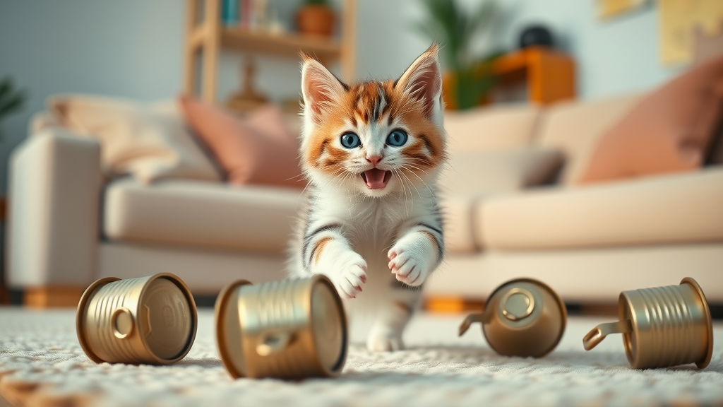 kitten playing with empty wet food cans, having fun, cinematic, in a cozy living room set, highly detailed, energetic setting, pastel colors, soft focus, shot with a 85mm lens.