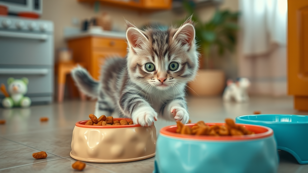 playful kitten with pet food bowls