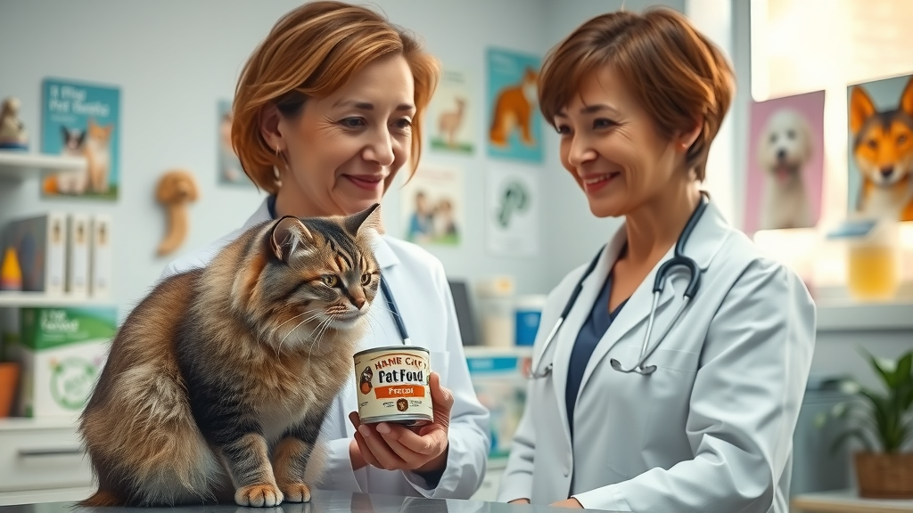 veterinarian in office discussing cat food
