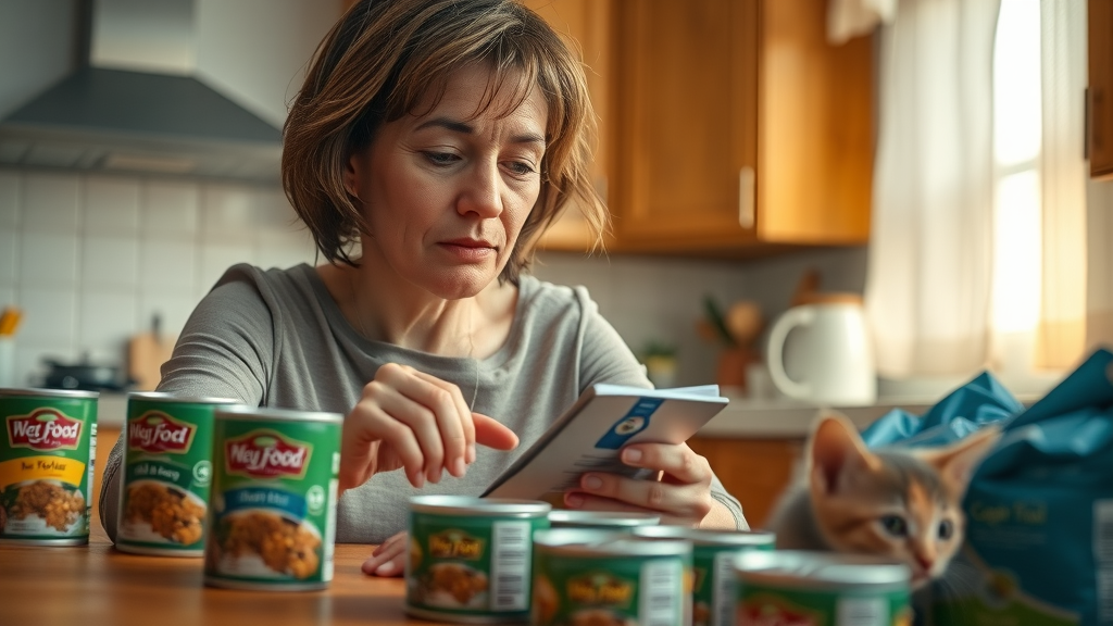 pet owner reading cat food labels attentively